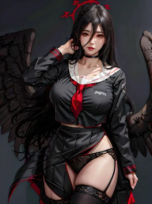 人工智能产生了一个非常详细而现实的图片 一个长头发,大胸,和翅膀的女子 抬起她的空气