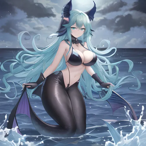 Un chef-d'œuvre d'une sirène avec 8k HDR, avec une sirène vilaine avec une peau haute et des vagues cyan-vertes. L'image est dans le style d'une scène sous-marine, montrant ses longs cheveux et ses gros seins. Elle a
