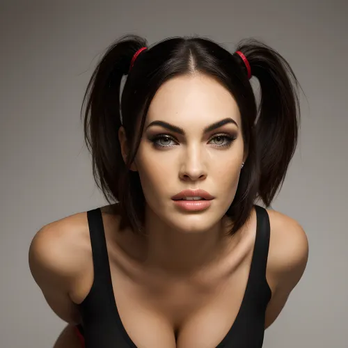 A young woman, with a photo of Megan Fox in a high-quality photo shoot for high quality pornographic material!