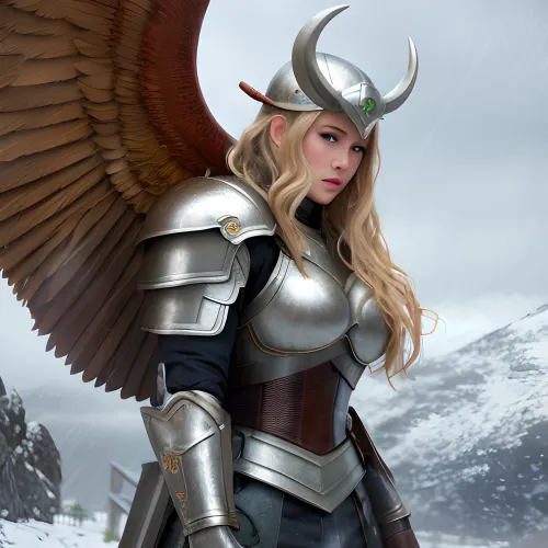 The young adult girl with long blond hair and big wings was standing in the middle of a snowstorm, holding a heavy sword. Suddenly, she heard the sound of footsteps approaching from behind. She turned around to see a group of vikings approaching