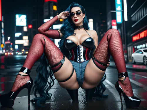 Потрясающая ультра-высокое определение фотографии девушки с горячими брюками, стоящей на улице с ее руками в карманах, глядя на ее солнцезащитные очки на камеру. У нее ультра-синие волосы и пять пальцев рук, идеальная кожа, и