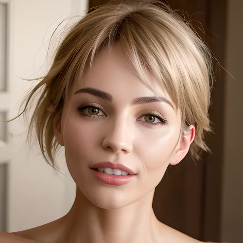 The European woman in her 30s with perfect teeth and pixie hair style smiled as she posed for the camera. Her perfect skin glistened with sweat as she held a picture of herself in her hand. She had just finished having sex with a