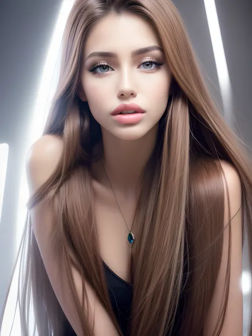 照片中的女人穿着高品质的专业摄影服装, 上面贴着一个尖锐的图案, 让她觉得你在看完美本身。 她的化妆很完美,她的眼睛是表现的, 使它看起来像她感觉的东西