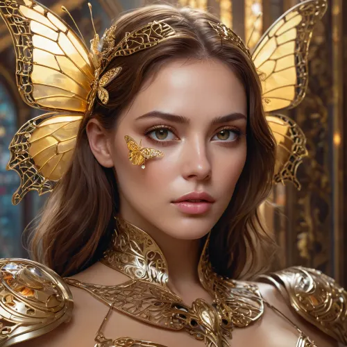 Uma mulher com um cabelo dourado e um retrato de vidro quebrado de um 8k artgerm e greg rutkowski pintura surreal ouro borboleta filigree, HDR