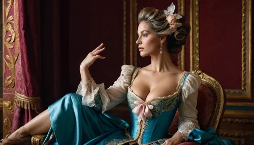 Картина женщины в костюме рококо, с розовыми и синими цветами, вдохновленная картиной Жан-Батиста ван Лу «Сакимихан Франк Франци». Женщина изображена с пятью пальцами на ней