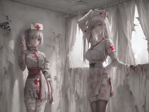 The young adult girl in the nurse costume stood in front of the camera, her bandages showing through the torn clothes. She held a syringe and looked at the viewer with cold eyes. Despite this, she held herself with grace and dignity as she