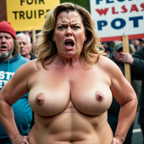 Женщина, с большим гневным протестующим в среднем возрасте Trumpp, стояла перед толпой, держащим знак, который гласит: «AI - это будущее». Толпа кричала на нее непристойно. Она держала телефон