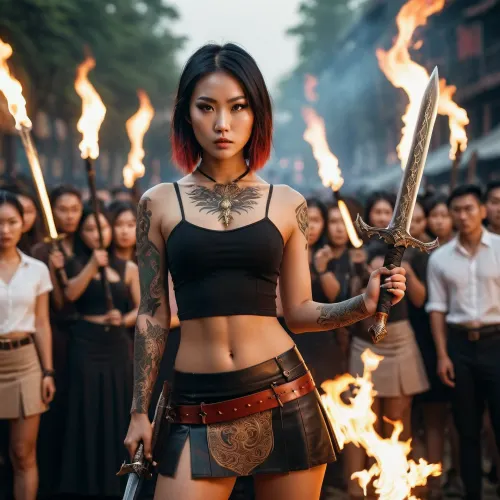 In the background of a crowded room, an Asian girl with tattoos and a flaming sword stands in front of a crowd. She holds a sword and looks fierce as she stares at the camera. The text on the screen reads "AI-
