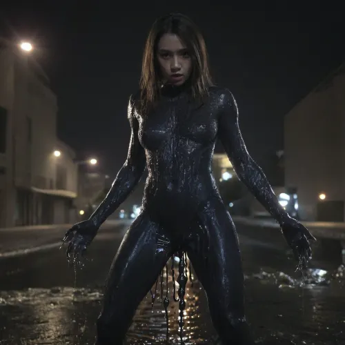 The venom print was dripping between her legs, making her pussy slippery and wet. She wore a full body suit made of liquid clothes that hugged every curve of her body. Her dark themed living clothes were made of night town, giving off an eer