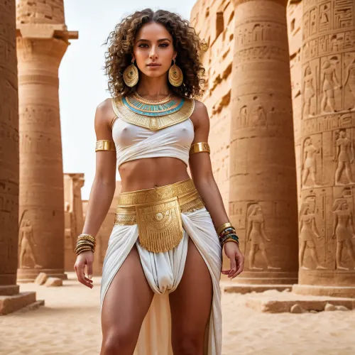 A tall, muscular girl with high-resolution AI generated porn picture and a symmetrical body. She has a fine quality Egyptian clothes that shows off her curves and legs apart. Her full body is beautifully detailed with the finest quality Egyptian clothes, bracelet