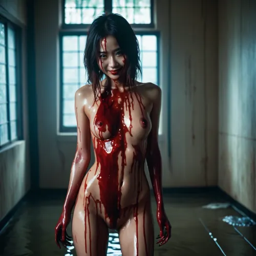 A tall, perfect-eyed Asian girl with a full body of blood was taking a picture of herself with her phone when she heard a loud noise and turned around to see a man holding a knife. He smiled at her and said, "You're