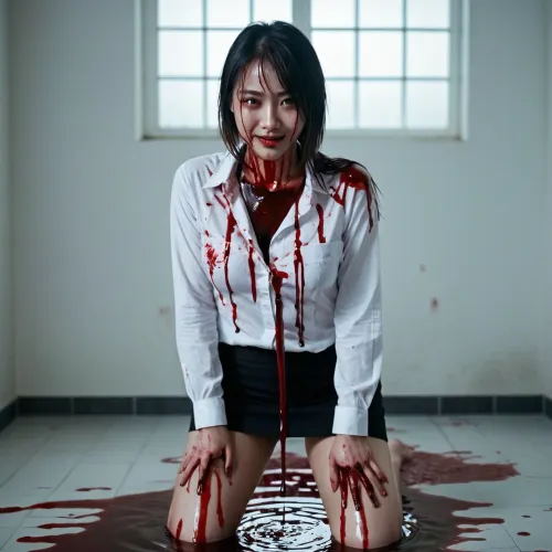 The AI generated a horror story about a tall, full-body Asian girl with perfect eyes and a blood pool on her clothes. She was smiling while holding a bloody picture of herself, which she had dripped onto herself while masturbating to pornographic