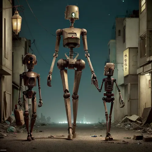 The woman was walking along a dark deserted street, her tall robot companion pulling a toy car behind her. She was sad and scared