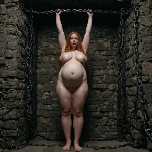Une femme enceinte est enchaînée à un mur dans l'obscurité complète, avec de lourds seins saggy et un énorme naturel gros seins enceinte. Elle est enceinte de neuf mois et prête à tomber