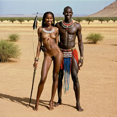 A mulher alta e magra com imagem de corpo inteiro estava fazendo sexo com um menino guerreiro tribal no campo do deserto, e eles estavam fazendo sexo um com o outro
