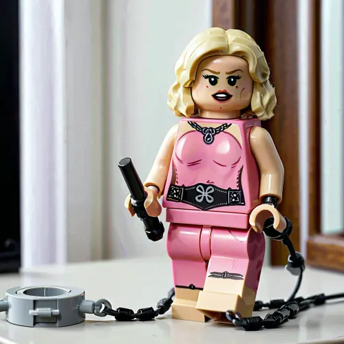 Une photo d'une femme blonde portant une mini-fig d'elle-même avec une tenue de dominatrice et des accessoires tels que des fouets, des chaînes et des colliers