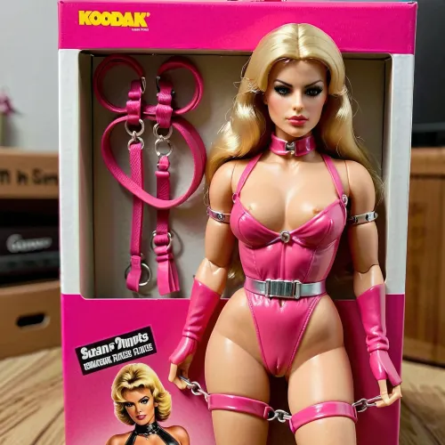 Этот 1987 Action Figure Playset of a BDSM Model не открывается и включает в себя такие аксессуары, как белоснежные волосы, волосы средней длины, розовый наряд dominatrix, связки, кнуты и цепи