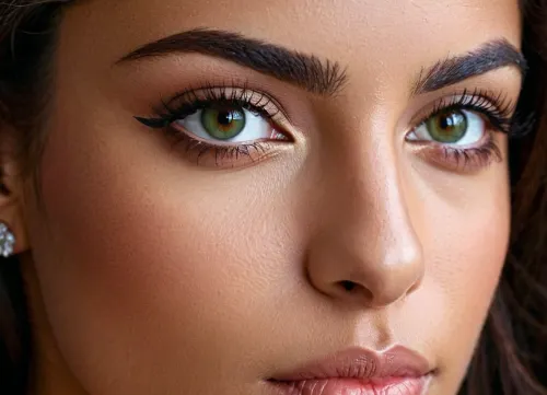La femme dans l'image avait plein visage d'une femme arabe avec des pommettes hautes, cheveux brun foncé avec des reflets, et une peau naturelle bronzée. Ses yeux vert foncé perçants étaient encadrés de longs cils qui correspondaient à ses cheveux brun foncé. Elle avait