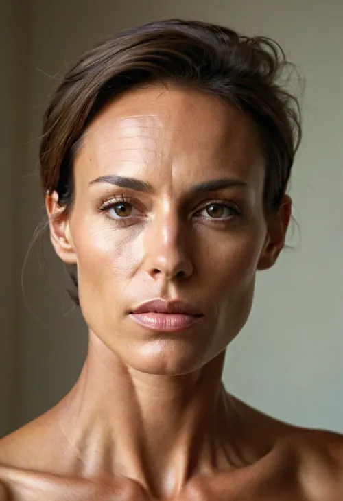 A tall masculine androgynous tanned angular face ugly very fit body skinny high cheek bones, wide mouth with narrow eyes and a full head of short hair