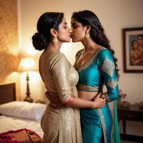 A woman in a glittery salwar was kissing on the breasts of a hyper realistic AI-generated picture of herself wearing lingerie, while her skin glistened with sweat as she writhed in pleasure