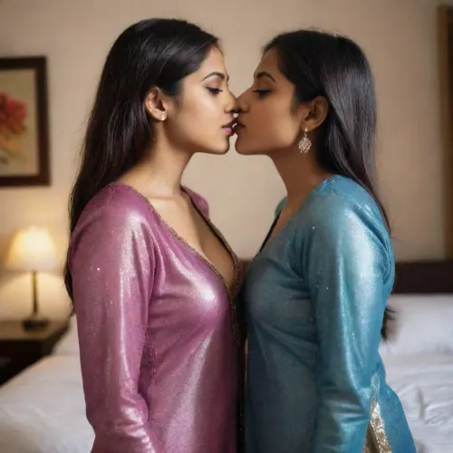A woman in a glittery salwar stood in the bedroom, her breasts bouncing as she kissed her hyper realistic AI girlfriend. The two women had been together for years, and their love was stronger than ever. They knew that they could never be apart