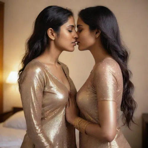 A woman in a glittery salwar stood in the bedroom, her breasts bouncing as she leaned over to kiss her lover. The woman's eyes were closed, and she was lost in the moment. Her lover was a beautiful Indian woman wearing glittery
