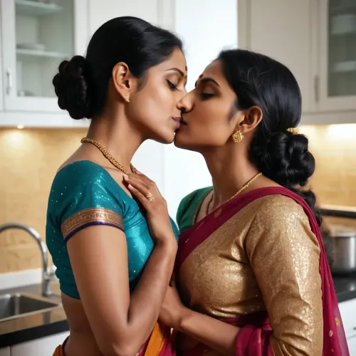 A woman in a saree and glittery full sleeves blouse was kissing two lesbian Indian women in the kitchen, with their hands on each other's breasts