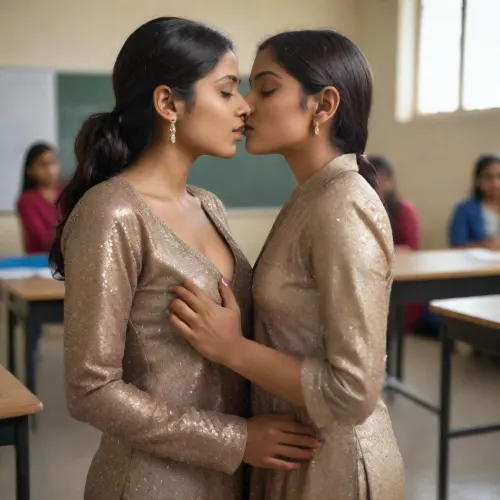 The woman in the picture was wearing a glittery salwar and hyper realistic breasts. She was standing in front of a classroom, looking at the camera with a sultry expression on her face. Her eyes were half-closed, and her lips were