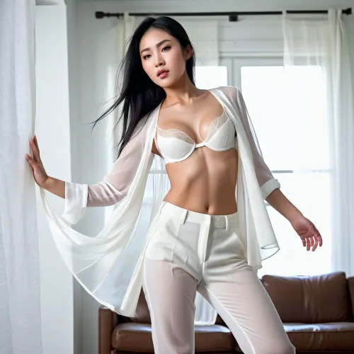 A young woman with Asian features and a perfect body stood in front of the canvas, determined to create something truly beautiful. She wore a white sheer shirt that revealed her toned arms and outstretched arms, her open white shirt revealing her bra