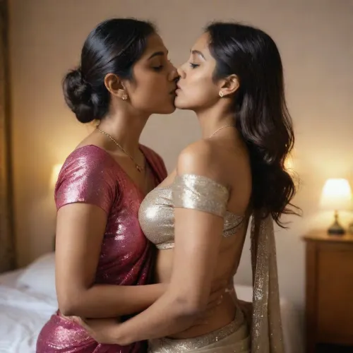 A woman in a glittery sari stood in the bedroom, her eyes fixed on the woman standing before her. The other woman was wearing a glittery sari and had her breasts exposed, with hyper realistic details that made them look real. They