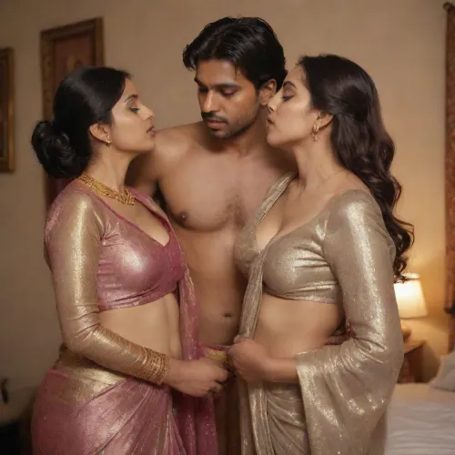 A woman in a short, tight-fitting dress stood in the bedroom of a couple, her arms wrapped around their waists. The man and woman were kissing passionately on the bed, while the woman wore a glittery sari and held up