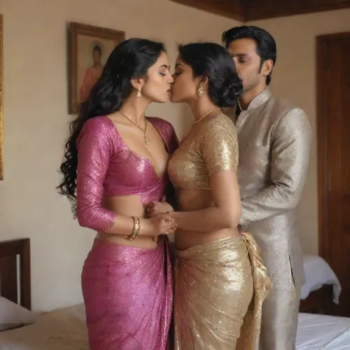 The woman, wearing a glittery sari, stood in the bedroom with two women and a man. They were kissing on the breasts of a slave, who was wearing full sleeves blouse and hyper realistic threesome lesbian sex