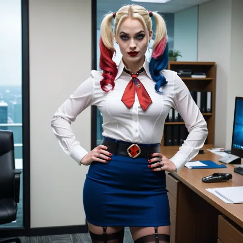 A woman with a perfect body and beautiful sexy slender Harley Quinn tight skirt stood in an office. She had high heels, thigh high stockings, a white button up shirt, and a choker necklace. Her makeup was perfect and her blue eyes were