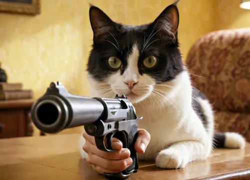 The woman was holding a realistic cat in her arms, and the cat was staring at her with big eyes. She couldn't help but smile as she held the gun in her paws. Suddenly, the cat jumped out of her arms and ran towards