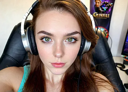 (18 Year old gamer girl:2), (headphones, twitch streamer, sitting in a gamer chair:1.5), (Irish, pale skin, freckles, freckles on face), (web cam snapshot, portrait, face portrait with emphasis on her eyes, close up of face, fisheye lens:1.5), (ring lighting, ringing lighting reflected in eyes), (Scandinavian and Irish features), (photorealistic, photo realistic, photorealism, photo realism:1.8), (4k, 8k, 8k resolution, best quality, ultra quality, highest quality, maximum quality, uncompressed, raw source photograph:1.2), (same color eyes, symmetric eyes, matching eyes, detailed eyes, detailed iris, detailed pupils, limbal ring around iris, perfectly round iris, perfectly round pupils:1.4), (detailed skin, high detailed skin, intricately detailed skin, perfectly detailed skin, high quality skin, highest quality skin, exquisitely textured skin), (intricate clothing, detailed clothing), (microblade eyebrows, perfectly manicured eyebrows), (flushed cheeks, flushed neck, blushing cheeks, blushing neck), (overfilled lips, juicy lips, filled lips, puffy lips, glossy lips, her thick wet lips are slightly parted, nervously biting lower lip, lip bite, lip biting), (casual makeup, subtle makeup, natural makeup), (narrow jaw, delicate jawline, pointed jaw and chin, heart shaped face, pixie face, fairy face, fae features, extremely feminine face, round face, chin, mouth, high cheekbones, sharp cheekbones, faint vellus hairs, cute tall tall tall tall dimpled cheeks), (upturned button nose, upturned nose, delicate nose, nose), (long hair, wavey hair, loose hair framing her face, messy hair, tousled hair, bed hair, sex hair, dark ginger hair with dark roots), (eyes slightly crossed, big eyes, wide eyes, doe eyes, slightly wide set eyes), (striking eyes, captivating eyes, mesmerizing eyes, fae eyes), (pale green eyes with golden flecks), (huge breasts, large breasts, large natural breasts), (athletic body, sporty body, lean body, muscular body, muscle shoulders, defined shoulders, rock climber body), (close up portrait of face, tight closeup of face, closely zoomed in on face, tight in on face, extreme closeup), (looking straight into the camera, looking straight ahead, head slightly raised, gazing lovingly straight into the camera, looking down on her from above), (she's in love, adoring gaze), (no nudes, nonnude), (relaxed posture, casual pose, casual outfit, casual attire, casual underwear), (loving expressing, adoring expression, joyous, joyful, pleased), (girlfriend, girlfriend material, girlfriend experience)