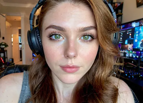 A stunning woman with a pixie face, freckles, high cheekbones, and a pixie face is the subject of this photo. She has long hair that cascades down her back in loose waves and large breasts with perky nipp