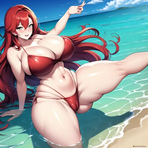 A giant red-haired woman with full body anime poses in a bikini, capturing her curvy figure and perfect lighting in an ultra-detailed masterpiece