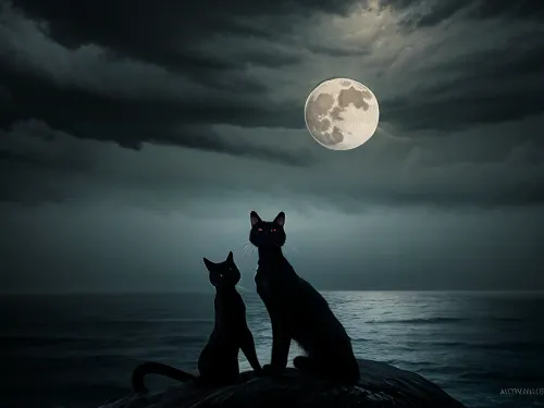 During a storm, the naked girl bathes with the black cat under the full moon in a style that is ultra-detailed and sharp. The image is 8K high resolution and incredibly detailed, making it a masterpiece of AI art