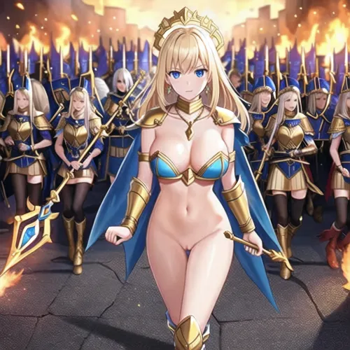 horde of women blonde, beautiful face, spear and shield, blue bra with gold details, walking through a burning village, blue boots with gold details, blue necklace with gold details, vagina