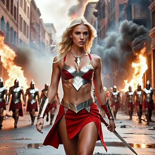 horde of women blonde, beautiful face, spear and shield, red bra with silver details, red short skirt with silver details and opening at the front, feet, silver lightning bolt shaped necklace, walking through burning city, fighting