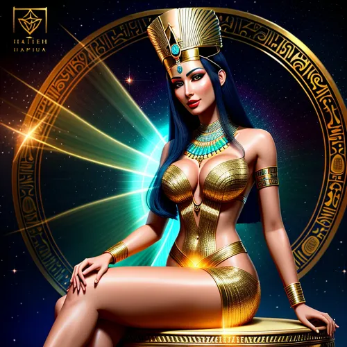 Una mujer en Egipto, vestida con un disfraz lleno de diosas egipcias, sentada con piernas cruzadas contra un fondo de energía pura. Su resplandor y gloria son como una cisterna con inscripciones antiguas eslavas. Está rodeada de flores pintorescas,