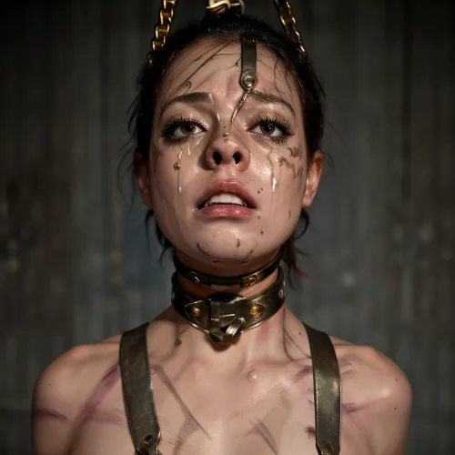 Bir boyun ve geniş kalçalar için metal bir kanca olan genç bir kadın bu fotorealist 8k ultra gerçekçi hikayenin kahramanıydı