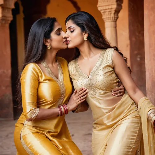 The couple was lost in the moment, completely absorbed in each other's touch. Their golden satin salwar kameez suits accentuated their curves, highlighting their beauty and femininity. They were lost in the moment, completely absorbed in each other