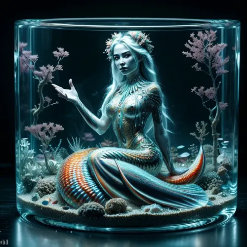 Ein hoch detailliertes 8k Foto realistisch AI generierte Bild von einem 20 Jahre alten halben flüssigen Meerjungfrau in einer großen Glasschüssel gefüllt mit Wasser, mit schönem Gesicht, Fisch und Korallenwaagen, orange und weißes Haar, langes Haar mit Pits, Fischschwanz