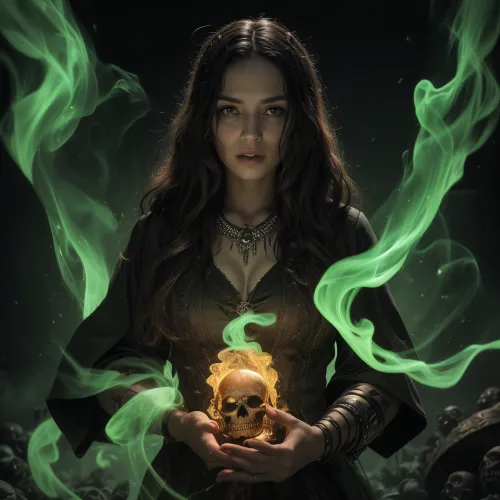 The morbidly beautiful woman in the photo was standing in a steampunk laboratory, her green vapor on the floor and swirling around her. She had a tiara with skulls on it, and her black hair was styled into a dramatic upd