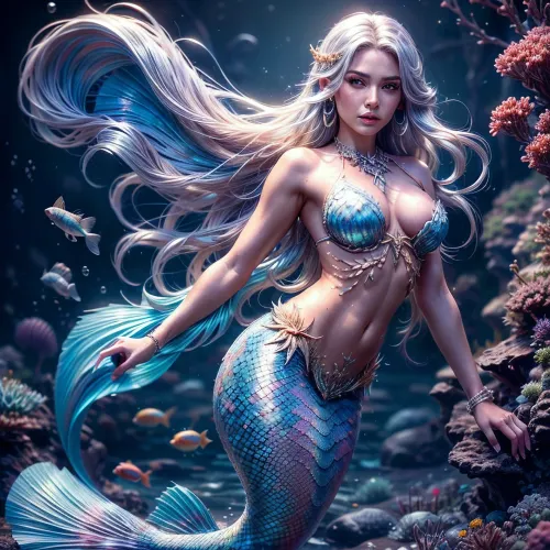The photo realistic AI generated picture of the best quality with high detail and ultra-detailed look over her shoulder is a 20 year old mermaid with beautiful face, long hair, and deep sea blue and white hair. She has 8k resolution and