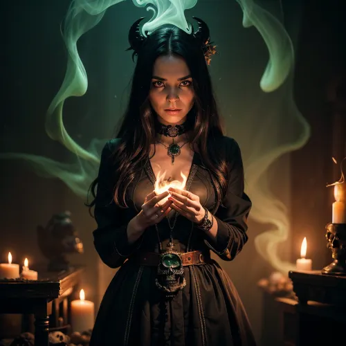 Eine Frau in einer schwarzen und grünen Robe steht vor einem 8k Foto realistischen Zauberer Robe auf dem Boden, hält eine lange dunkel behaarte Frau Hand. Ihr Gesicht ist mit Konzentration kontoriert, und ihr Kastanienhaar ist zurückgebunden in