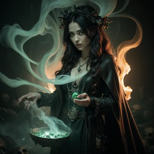 A hyper-detailed, morbid, and Gothic horror photo realistic AI generated artwork depicts a woman in a green vapor on fire standing in front of an orb that glows green. Her tiara with skulls is adorned with skulls