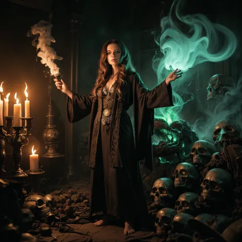 A hyper-detailed, 8k photo realistic picture of a morbid woman in a green vapor on the floor with skulls surrounding her, wearing a Gothic horror outfit consisting of a chestnut haired woman in a green vapor on the floor with
