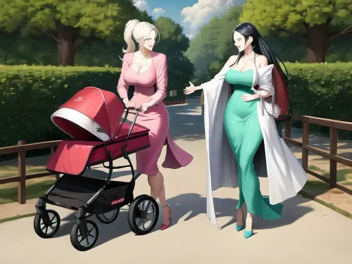 The mother walked her newborn son in a pram, the sun shining brightly above them. She smiled as she watched him gurgle and coo, his little hands reaching out to touch the world around him. As they passed by a group of